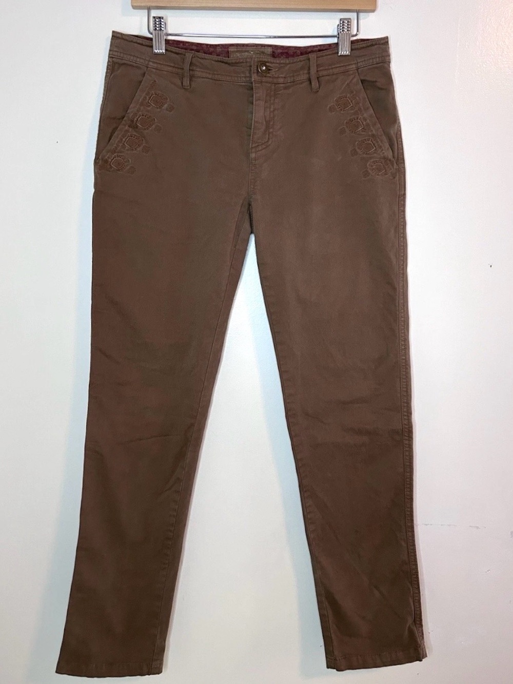 Gramicci Pants Chinos Stretch Cotton Straight Khaki Tan Embroidery Detail Sz 6